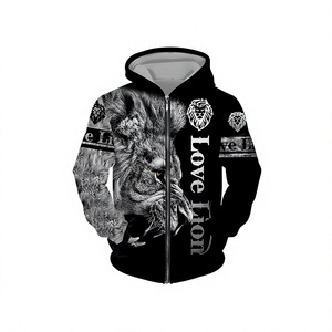 Sudadera con Capucha y Cremallera para Hombre con Estampado de León, Negra, Corte Regular, Sublimación, Poliéster/Algodón, Lavable a Máquina - Product Image 1