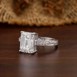 3.78 TDW Emerald &Round Cut <b>Diamond</b> <b>Ring</b> 18k White Gold Bright Cut Band Cvd/Hpht <b>Diamond</b> Lab Stone - Product Image 3