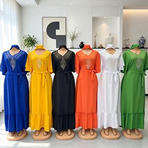 Vestidos Africanos Elegantes para <span class=keywords><strong>Mujer</strong></span>, Kaftán Maxi de Lujo con Bordado, Manga de Encaje, Seda de Leche, Jalabiya Abaya con Bufanda - Product Image 4