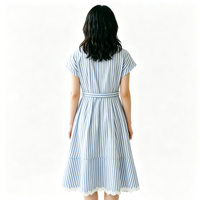 Robe Cache-Cœur Rayée Bleue et Blanche à Manches Courtes, Col en V, Ourlet Volanté, Longueur Midi, Taille Nouée, Élégante et Décontractée pour la Plage et les Vacances, Robe d'Été pour Femme