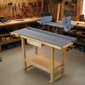 Banc de travail robuste en fonte de 55 pouces avec plateau en bois gris et mors à action rapide de 10,5 pouces pour garage, maison et travail du bois - Product Image 2