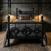 Cadre de lit plateforme moderne pliable en métal noir avec design géométrique en anneau, tête et pied de lit, taille simple pour chambre à coucher, appartement, hôtel