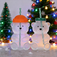 600 ml Ayı Şeklinde Meyve Suyu Kahve Şişesi Sevimli Renkli Vidalı Kapaklı Pipetli Buzlu Yarı Saydam Gradyan Renkli Spreyli Noel