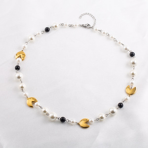 สร้อยคอสแตนเลสสำหรับทุกเพศพร้อมลูกปัดลายหน้ายิ้มมุกเทียมดีไซน์ทรงเรขาคณิตสำหรับเครื่องประดับแฟชั่น - Product Image 3