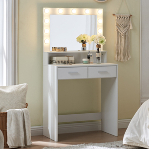 Wood Vanity Desk <strong>Mirror</strong> <strong>Lights</strong> <strong>Dressing</strong> <strong>Table</strong> Large Drawer 2 Level Storage Dresser 3 Lighting Modes Adjustable Brightness - Product Image 2