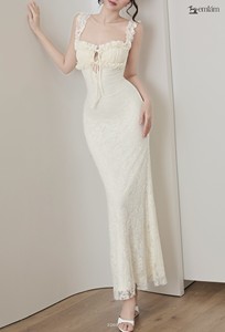 Robe longue sirène en dentelle florale pour femme, avec bretelles à volants, ajustée, pour soirée, vente en gros ET3260 - Product Image 2