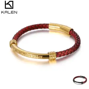 KALEN Gold Black Stainless Steel Roman Numerals Braided Genuine Cowhide Leather Mans Bracelet Bangle