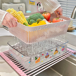 Panier égouttoir double couche pour cuisine, bac de lavage de fruits et légumes, support filtrant à poignée épaissie, plusieurs tailles, en matériau PET - Product Image 3