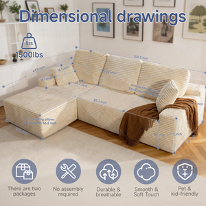 105" Cloud L-Shaped Chaise Sofa, No Assembly, <strong>Plush</strong> Corduroy Memory Foam, For LR/BR/Apt - Product Image 2