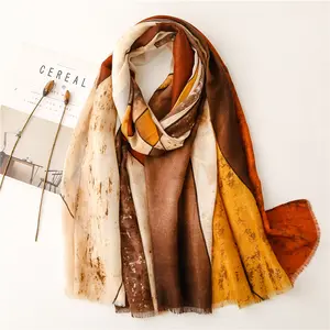 wholesale Summer Korean style silk scarf cotton and linen feel ink painting scarf holiday beach towel sunscreen shawl