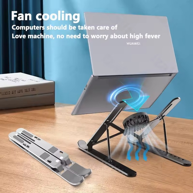 Metal Laptop Stand with Removable Fan Laptop Holder Viewing Angle Adjustable Width Flexible Riser for Desk Office Use Foldable