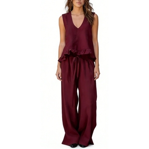 Ensemble haut sans manches à volants et pantalon large pour <span class=keywords><strong>femme</strong></span>, <span class=keywords><strong>tenue</strong></span> décontractée bohème, ensemble 2 pièces, Sehe Fashion - Product Image 4