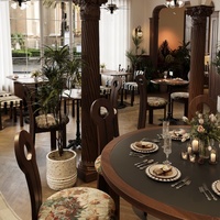 Ensemble de table et chaises de salle à manger en bois massif de style rétro français du milieu du siècle, écologique et durable pour la restauration