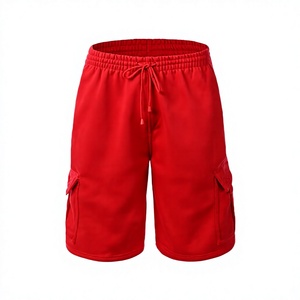 Shorts cargo pour hommes, rouge, taille haute, cordon de serrage, style décontracté, bermuda, tricoté, poches, motif à motifs, polyester/coton, teint en pièce - Product Image 1