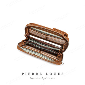 Portefeuille long Pierre Loues en cuir marron, porte-cartes multiples, fermeture à glissière, usage quotidien - Product Image 1