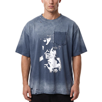 T-shirt surdimensionné TOPSHOW en coton délavé à l'acide, effet vieilli, avec graphisme personnalisé, épaules tombantes, style streetwear, effet soleil éclairé