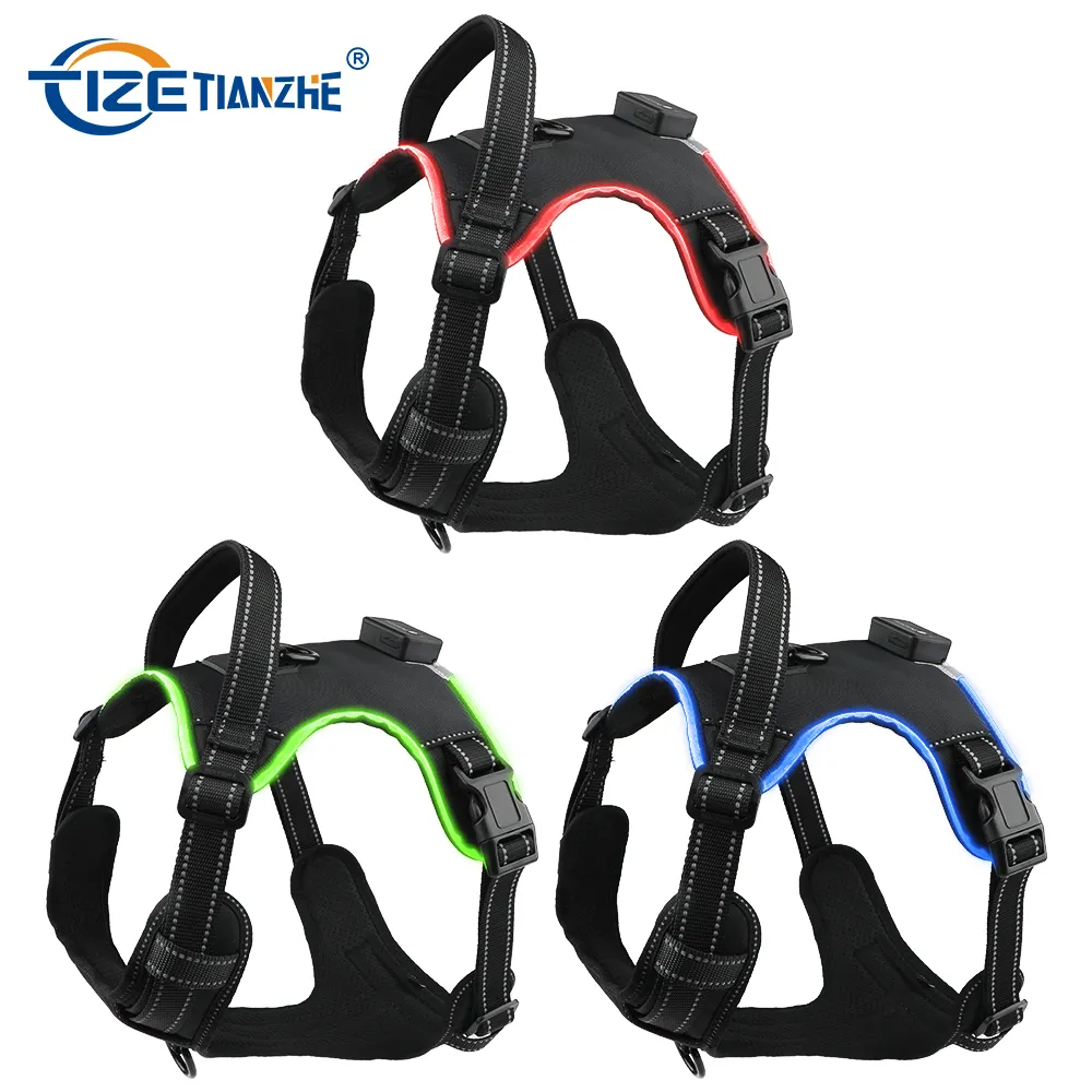 TIZE Light Led Dog Harness No Pull Reflective Breathable Heavy Duty Large Training Tactical Service Custom Pet Dog Harness