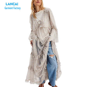 Nuevo diseño de moda gasa tela estilo cuello en V Maxi vestido con volantes vestido de mujer - Product Image 2