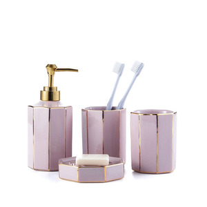 Luxury Elegant Light Purple Polygonal <strong>Trimmed</strong> Ceramic Bathroom Set, ABS Pump Soap Dispenser &amp; Tooth Cup <strong>Bath</strong> Grooming Organizer - Product Image 1