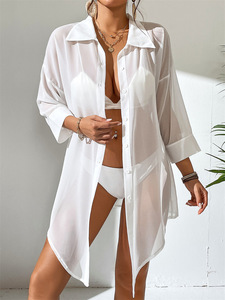 2024 moda Camiseta larga gasa blanca pareos botón Bikini cubrir señoras sólido traje <span class=keywords><strong>de</strong></span> <span class=keywords><strong>baño</strong></span> playa cubrir Ups para mujeres - Product Image 3