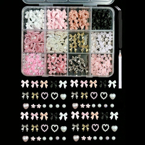 Kit de 12 grilles de breloques pour ongles, motifs nœuds multicolores, rubans, perles et strass, pour ongles à presser, manucure DIY, vente en gros - Product Image 3