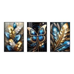 مجموعة فاخرة من 3 قطع عالية الجودة من لوحات جدارية بطباعة الفراشات الذهبية على البورسلين الكريستالي لتزيين غرفة المعيشة - Product Image 6