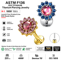 Labret en titane G23 ASTM F136 de qualité implantable, sans filetage, à poussoir, pour cartilage d'oreille, hélix, tragus, avec opale, motif tournesol, plaqué or