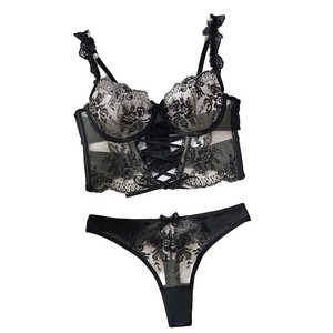 Ensemble de lingerie <span class=keywords><strong>sexy</strong></span> 2 pièces en dentelle transparente pour femme, respirant, en polyamide, avec bonnets pointus, pour des nuits passionnées - Product Image 1