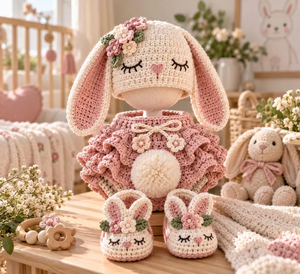 Ensemble de vêtements pour bébé lapin fait main, chapeau en crochet, barboteuse et bottes, tenue pour nouveau-né rose fleuri - Product Image 3