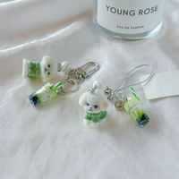 Breloque Perles Chiot Floqué Adorable, Pendentif Tasse de Bubble Tea Matcha, Style Cordon et Porte-clés pour Décoration de Téléphone et Sac, Cadeau pour Filles