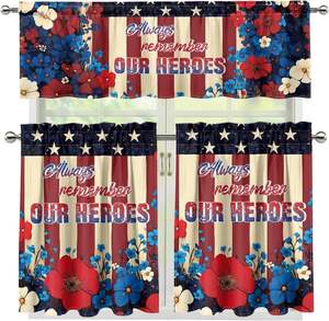 วันประกาศอิสรภาพ อย่าลืมฮีโร่ของเรา ผ้าม่านครัวลายธงชาติอเมริกัน ผ้าม่านหน้าต่างลายดอกไม้ ผ้าม่านสั้นแบบวาลานซ์ 3 ชิ้น - Product Image 1
