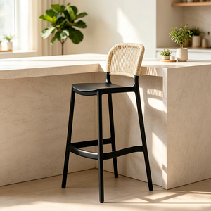 Taburete de Bar Negro Moderno con Respaldo de Ratán, Silla de Bar de Plástico, Diseño Minimalista, Muebles para el Hogar - Product Image 2
