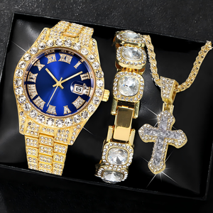 <span class=keywords><strong>Montre</strong></span> analogique à quartz pour <span class=keywords><strong>homme</strong></span> LP63, ensemble de 3 pièces, <span class=keywords><strong>bracelet</strong></span> en alliage avec cristaux et strass, cadran de 43 mm, montres élégantes avec diamants - Product Image 2
