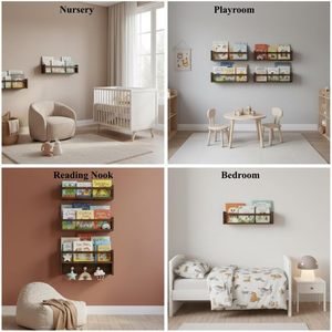 16" Inch <b>Pine</b> Wall-Mounted Floating Bookshelf Hooks Protective for Nursery Kids' Rooms Living Rooms Kitchens Set 3 - Product Image 6