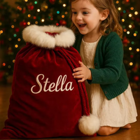 Sac cadeau de Noël bordeaux en fausse fourrure avec pompons, grand sac de Noël personnalisé de luxe pour les fêtes