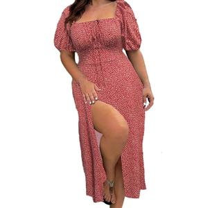 Robe personnalisable à col carré européen, manches courtes, grande taille, jupe longue fendue, imprimé personnalisé, adaptée à votre style - Product Image 2