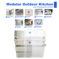 Barbecue à charbon de bois autoportant de style américain moderne et luxueux en acier inoxydable 304, avec chariot, pour intérieur/extérieur