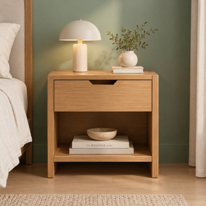 Table de chevet moderne en teck avec tiroir sans poignée et étagère inférieure ouverte - Product Image 3
