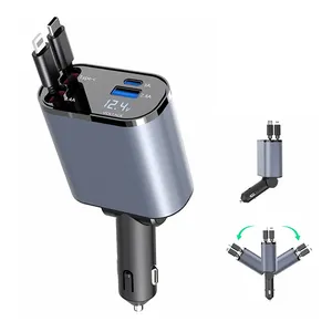 100W 4 IN 1 מטען לרכב נשלף USB סוג C כבל PD טעינה מהירה כפול יציאות תחנת טעינה לרכב מתאם מסוג C