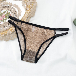 Culottes transparentes en maille imprimé serpent pour femmes, à fines bretelles réglables, taille basse, lingerie sexy pour dames - Product Image 1