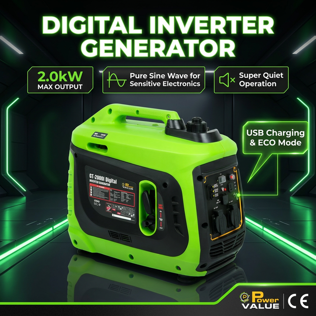 PowerVALUE 2000W Digital Inverter Generator PV-2000i 50Hz Recoil Starter Super Quiet Portable Pure Sine Wave Camping Home Backup