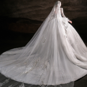 Robe de mariée moderne LSHT118 à col montant et manches longues avec dentelle florale et cristaux, traîne chapelle, coupe princesse - Product Image 2