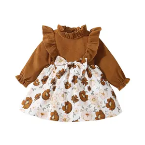 New design frühling 1-jahr-alte kinder rüschen kleid kleinkind baby mädchen lange-sleeve patchwork blume drucken kleid