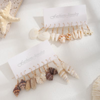 Lot de 10 paires de boucles d'oreilles pendantes en coquillages naturels (coquille Saint-Jacques, cauri, étoile de mer) avec carte de présentation, cadeau de bijoux