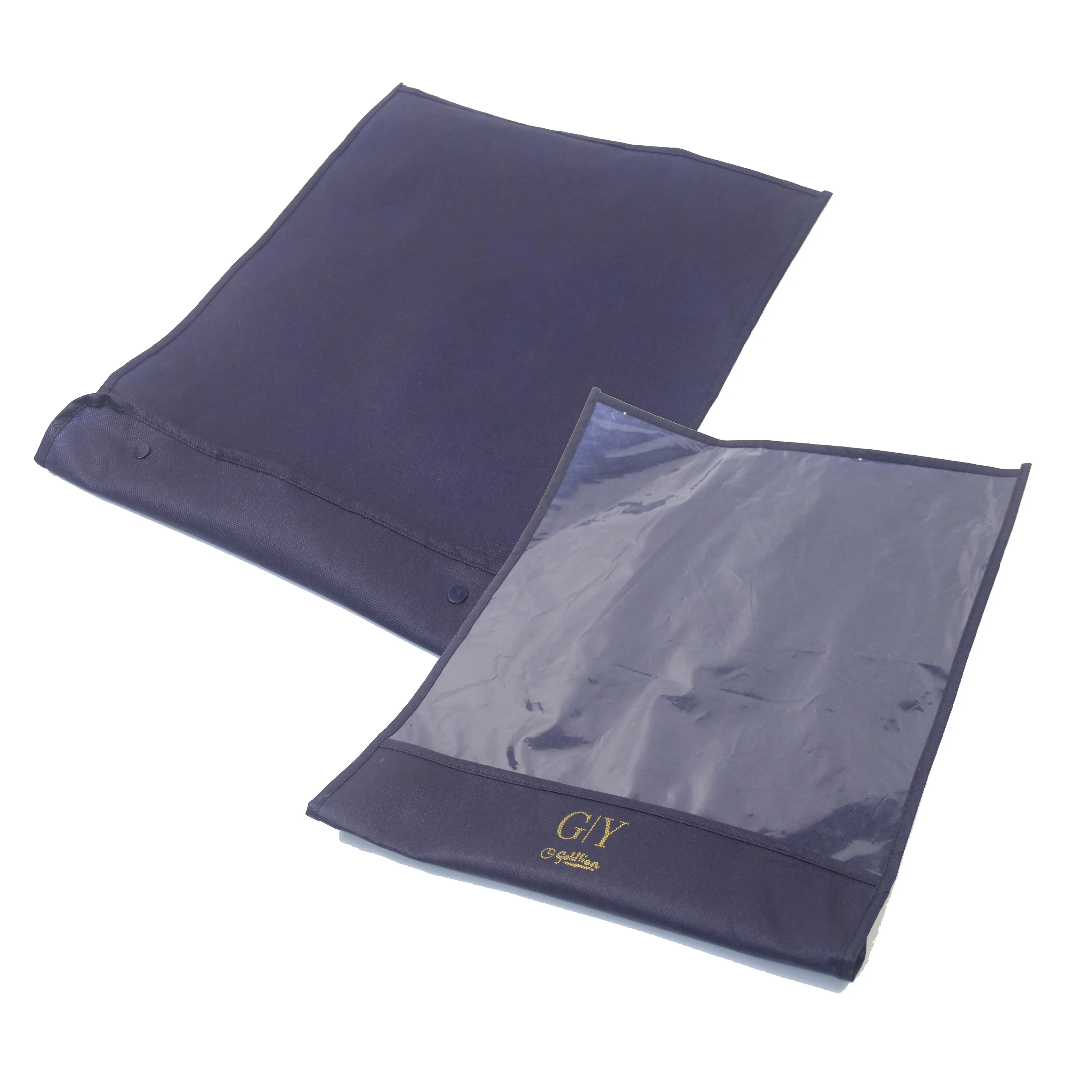 Custom Printed Logo Dark blue non-woven garment bag packaging with clear window for Men's Shirt Tie Suit Pants