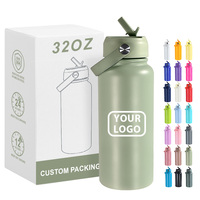 Bouteille d'eau isotherme en acier inoxydable de 32 oz avec logo personnalisé, poignée de transport et couvercle à paille rabattable, réutilisable, isolée pour la salle de sport et les voyages