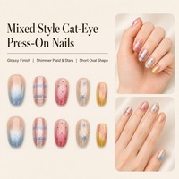 Faux ongles ovales courts œil de chat T1958 Kaixin Factory OEM, tendance français à carreaux et pois, à presser, fournisseurs