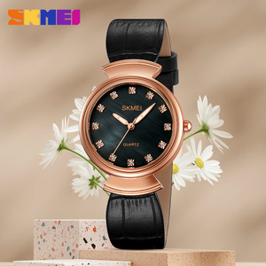 Skmei Women's Quartz Watch Rose Gold Dial Diamond Accents Black Leather Strap 30M Water Resistant Analog Display - Product Image 2