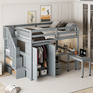 Full Size Loft Bed with Stairs Bookshelf Drawers <b>Desk</b> Wardrobe <b>Space</b> <b>Saving</b> Multifunctional Kids Teen Furniture - Product Image 3