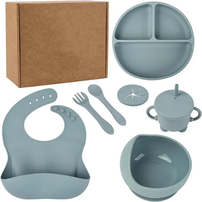 New Hot Sale Children Dinner Cutlery Set Baby Bibs Suction Bowl Plate 7PCS BPA free Silicon Baby Feeding Set With Box